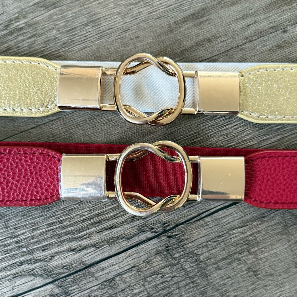 Elegant Stretch Waist Women's Belts (white/cream and red with gold buckle) - Picture 2 of 4
